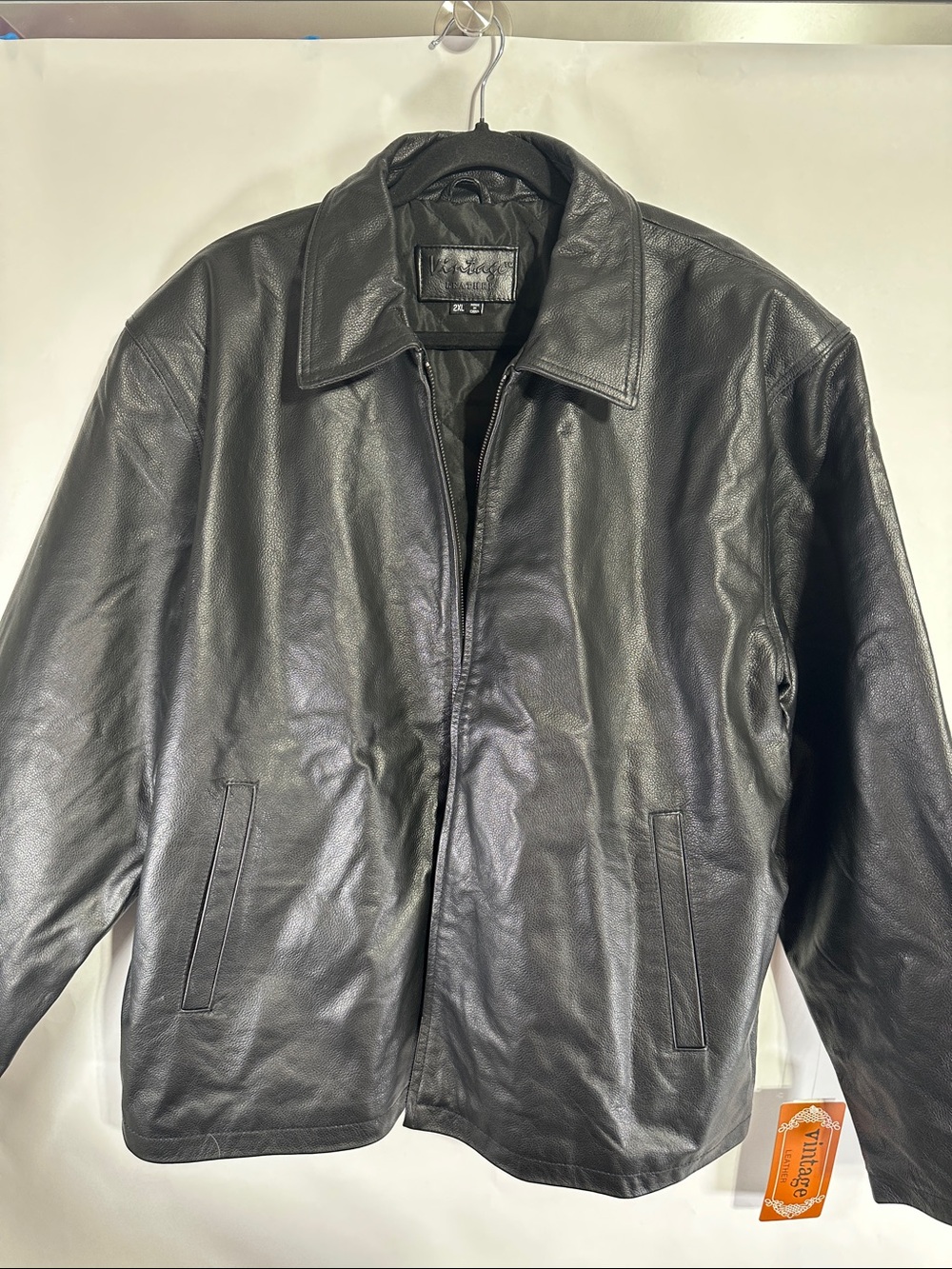Vintage Black Leather Zip-Front Bomber Jacket